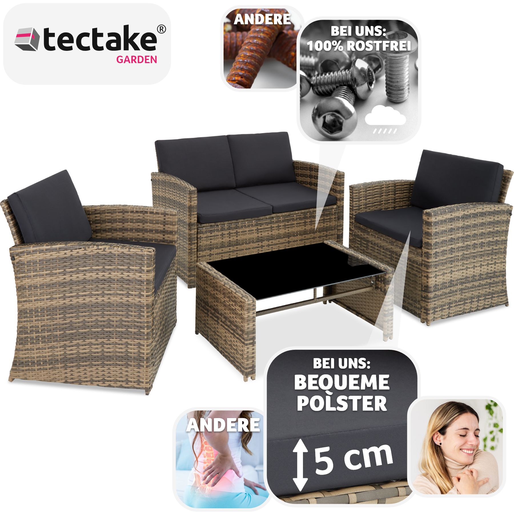 tectake® Rattan Lounge, für 4 Personen, UV-beständig, mit Sicherheitsglasplatte