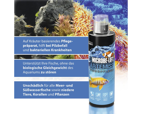 Visverzorging MICROBE-LIFT Artemiss, ondersteuning van het immuunsysteem op kruidenbasis bij schimmelinfecties, vinrot en meer. Ideaal voor nieuwe vissen en quarantaine. 473 ml voor zoet- en zoutwater.