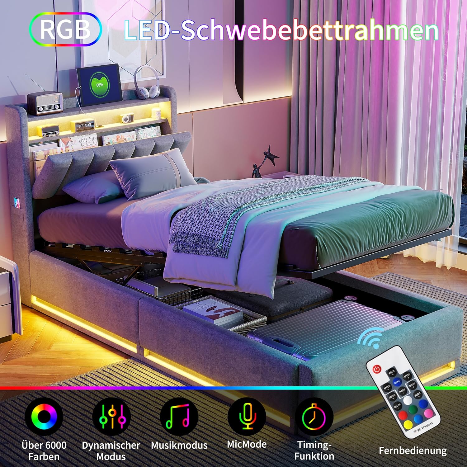 Polsterbett Einzelbett 90x200 cm, Hydraulisch Stauraumbett Bett mit Stauraum Kopfteil, Bettgestell mit Lattenrost, Jugendbett Funktionsbett mit USB und Typ-C Ladefunktion, Ohne Matratze(Grau)
