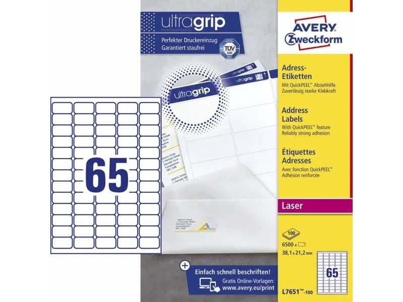 Laseretiket Avery 38,1x21,2 mm hvid med QuickPEEL™ - (100 ark x 65 stk.)