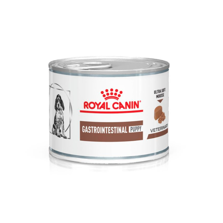 A mousse gastrointestinal Royal Canin para filhotes pode ser encontrada em lata.