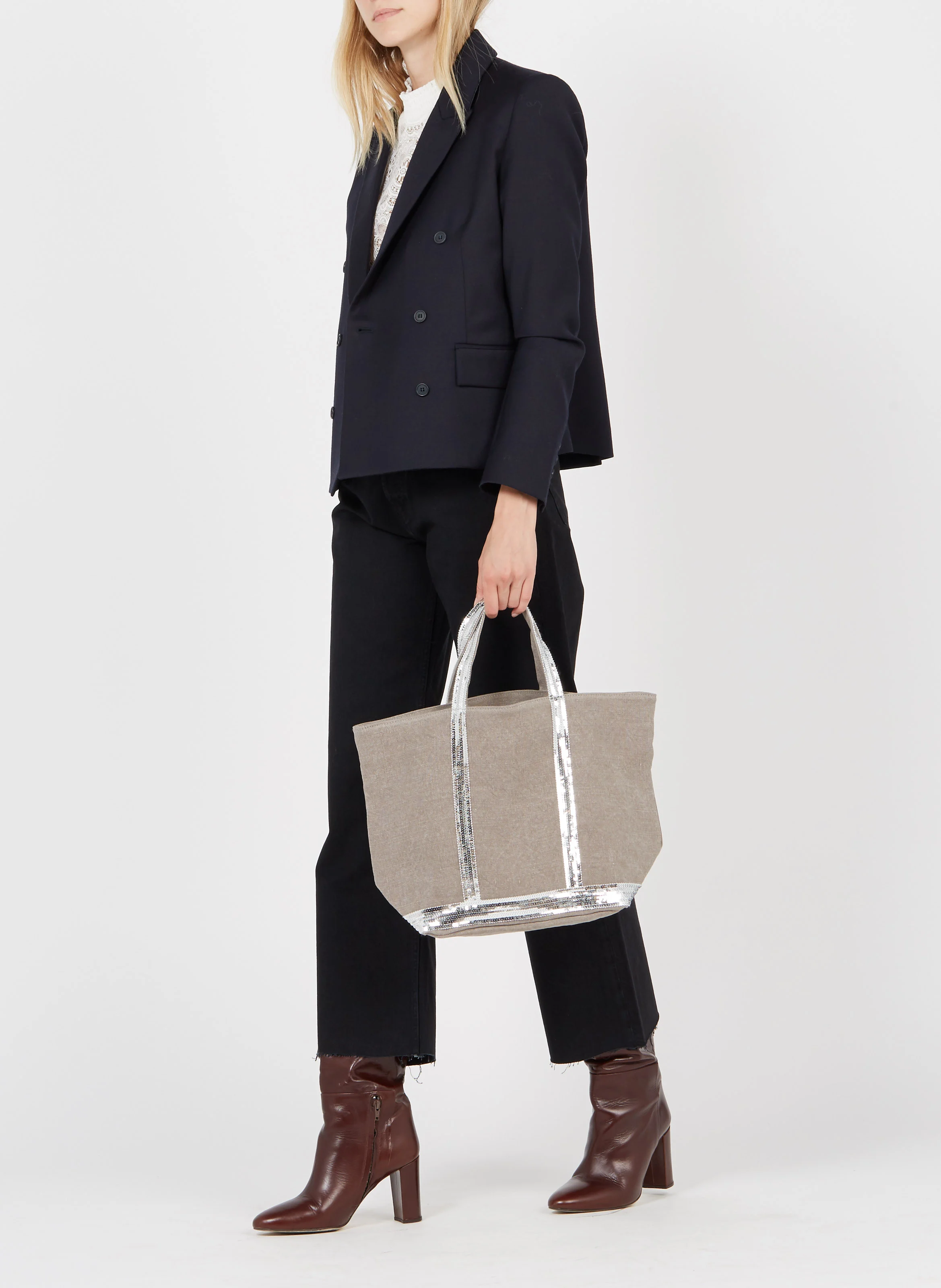 Cabas M brodé avec sequins en lin | Gris