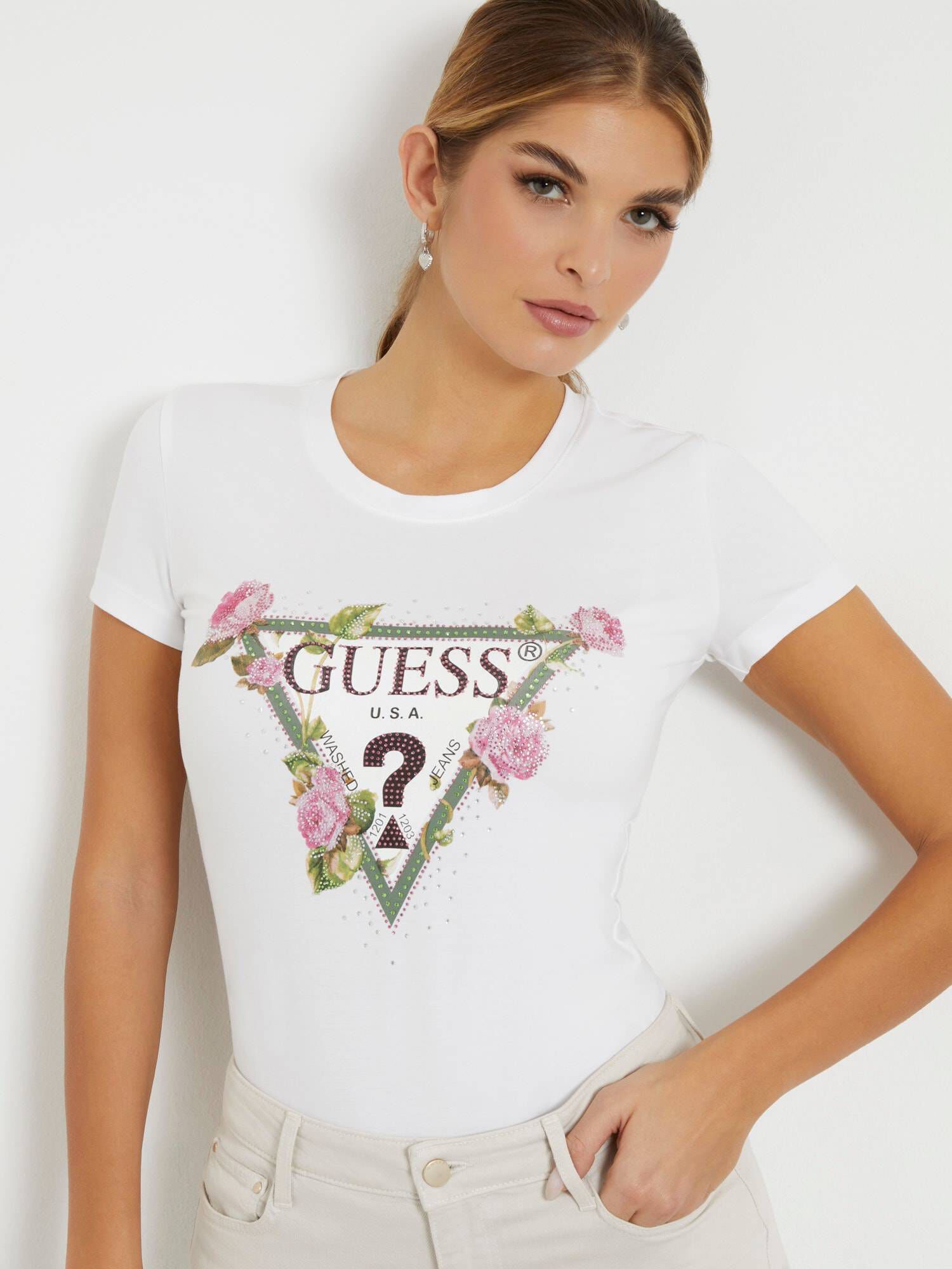 Guess| Damen T-Shirt FLORAL TRIANGLE TEE
