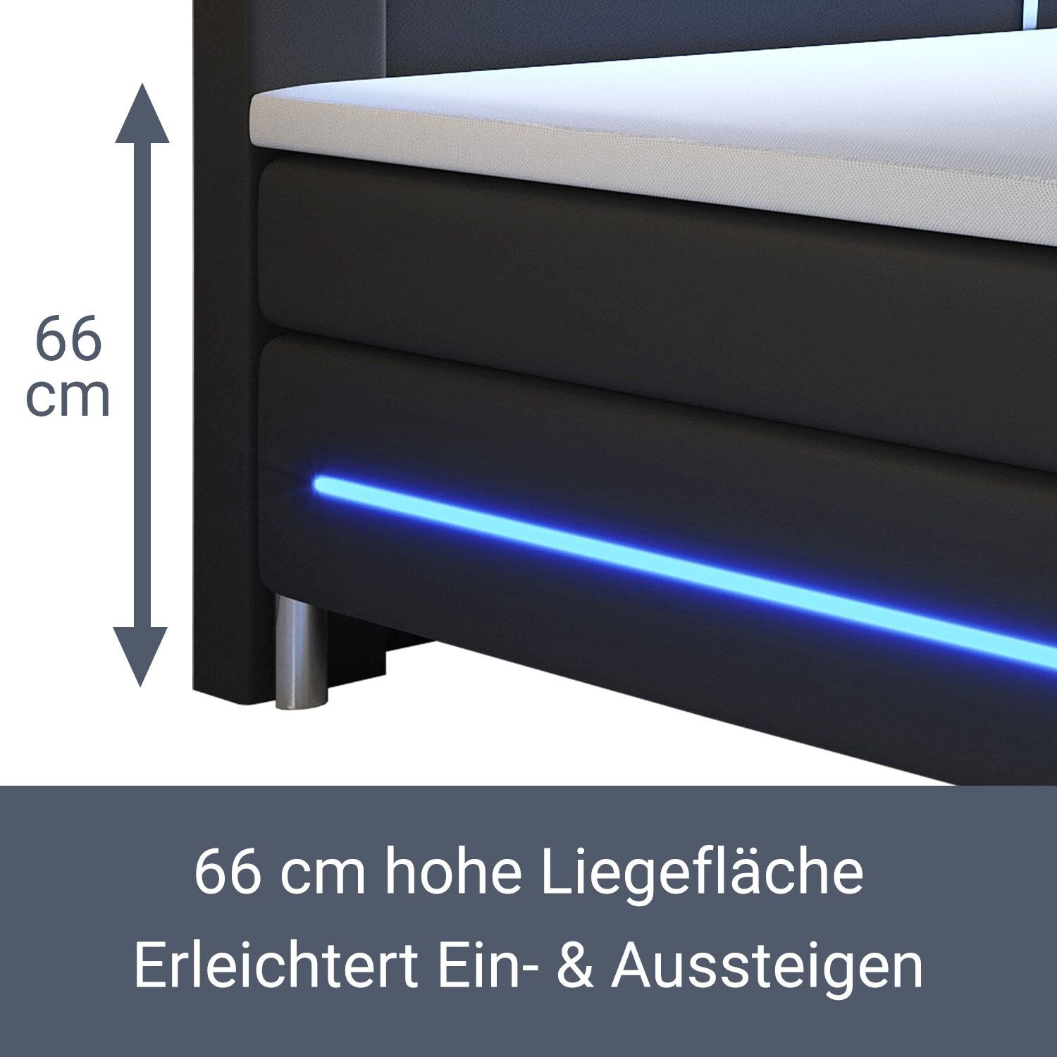Juskys Boxspringbett Norfolk 140 x 200 cm – LED Beleuchtung, Bonell-Matratzen & Topper - schwarz