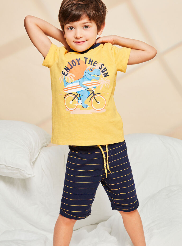 Pyjama jaune et bleu foncé à motif dinosaure