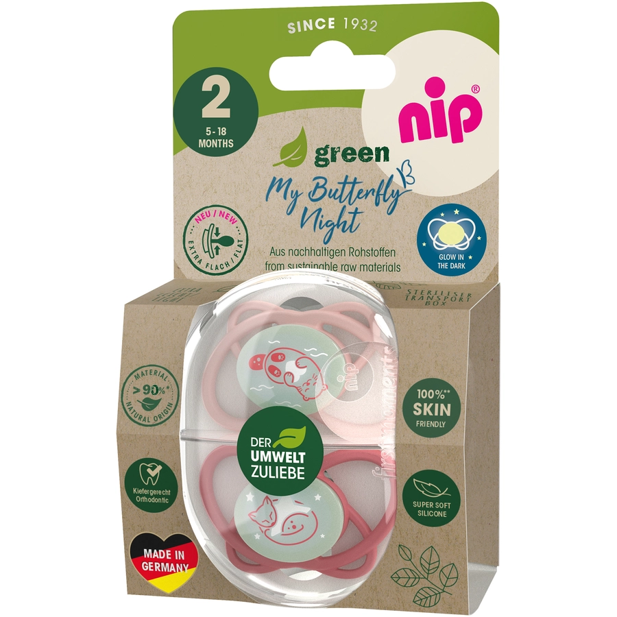 nip® Nachtschnuller My Butterfly Night Green, Größe 2 (5-18 Monate), Silikon Rot