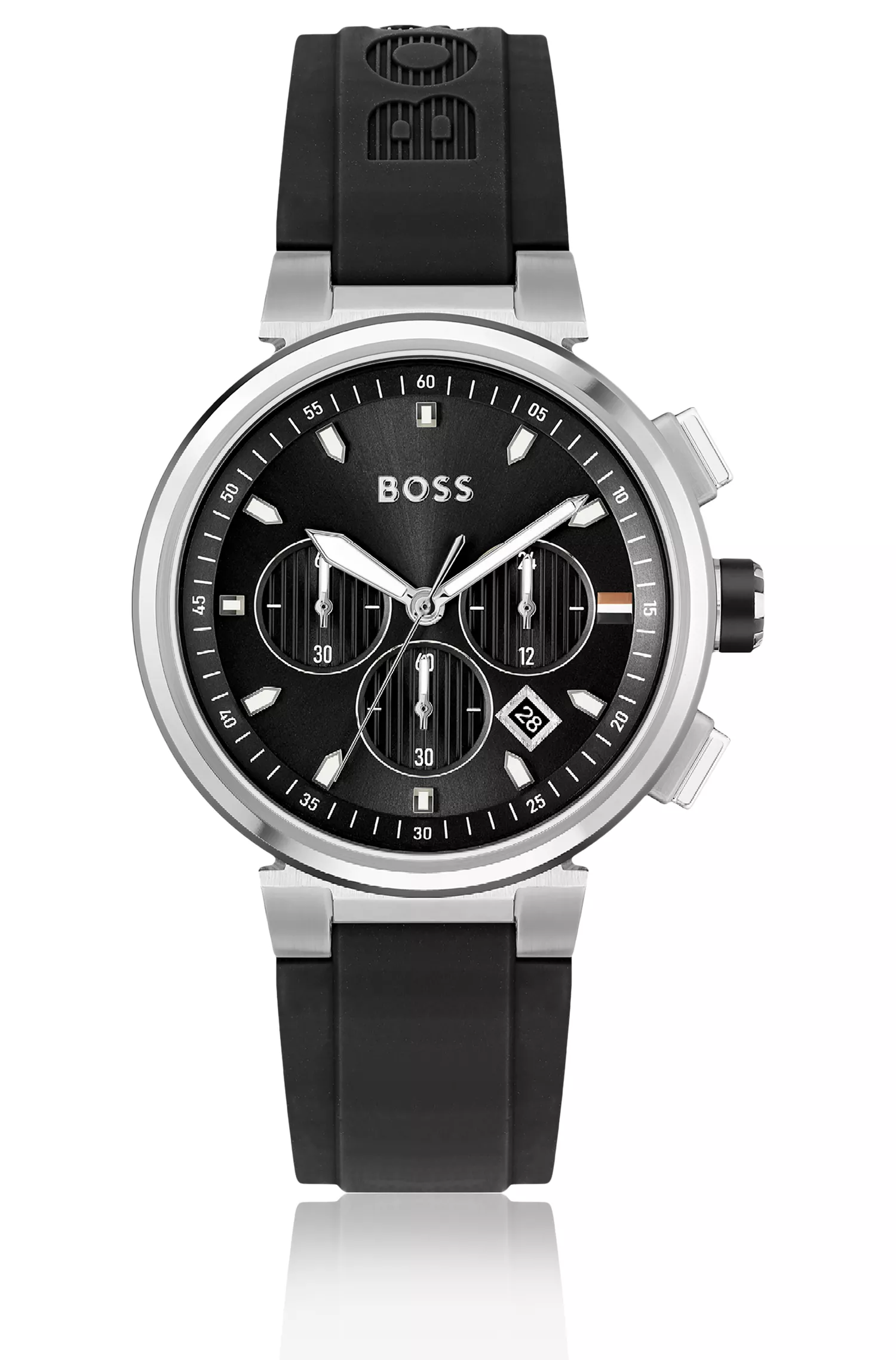 Relógio BOSS Black-Chronograph com pulseira preta com logotipo gravado.