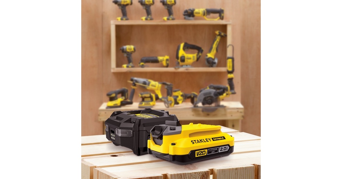 StanleyFatMax 18V startset 1x 2,0Ah Accu + Lader V20 oplaadstation  (Zwart/geel)
