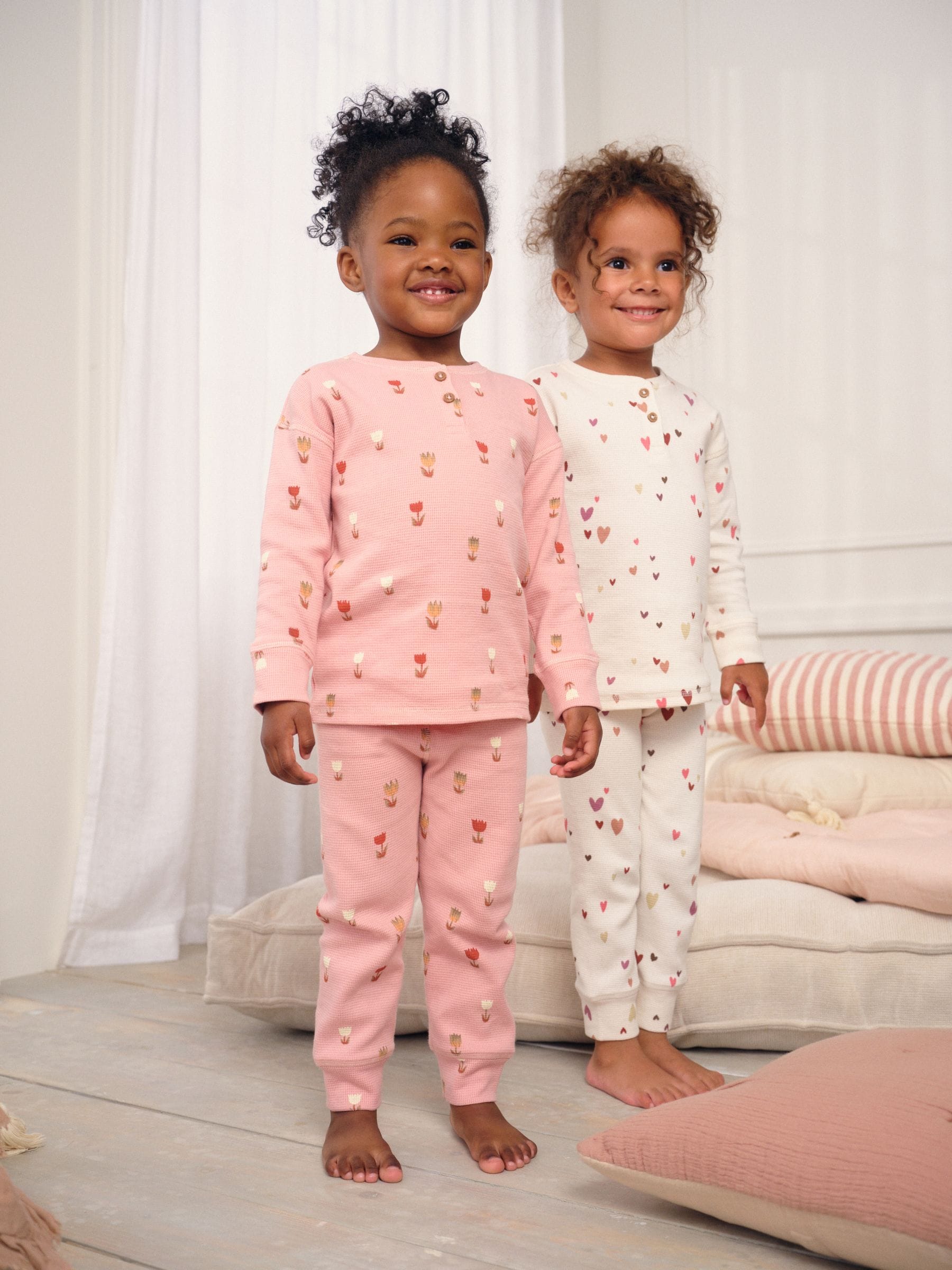 Ecru/Roze Harten - Set van 2 wafelpyjama's (9mnd-12jr)