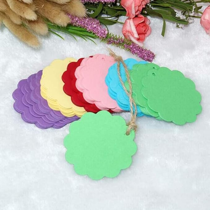 (200er Set) Ø60mm Kraftpapier Geschenk Anhänger Wellenrand Bastel Etiketten   Schnur - Assortiert