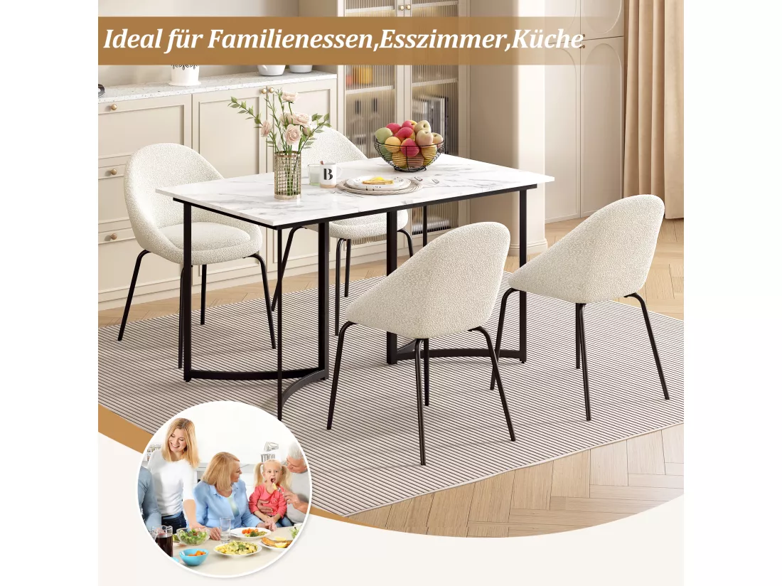 Table à manger rectangulaire 4 à 6 couverts - 140 x 80 x 75.5 cm - MDF et pièds en métal - Effet marbre - Blanc