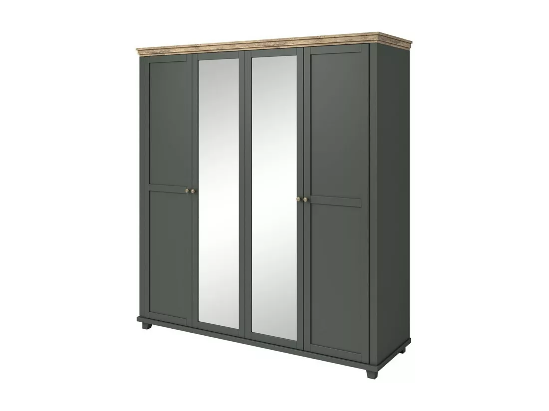 Chambre à coucher ASSIA : Armoire 200cm, Lit 180x200, commode, chevets. Coloris vert kaki et chêne.
