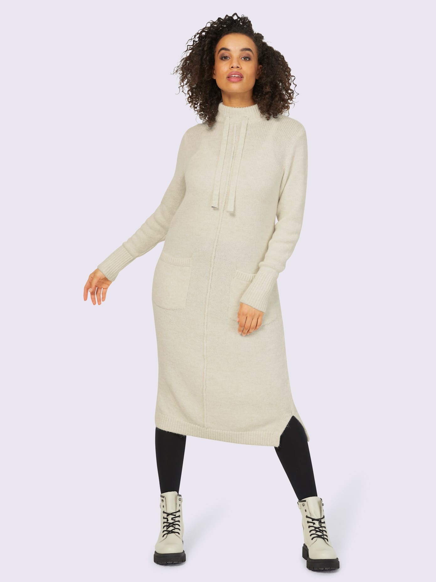 Robe en tricot col montant tendance avec lien à nouer