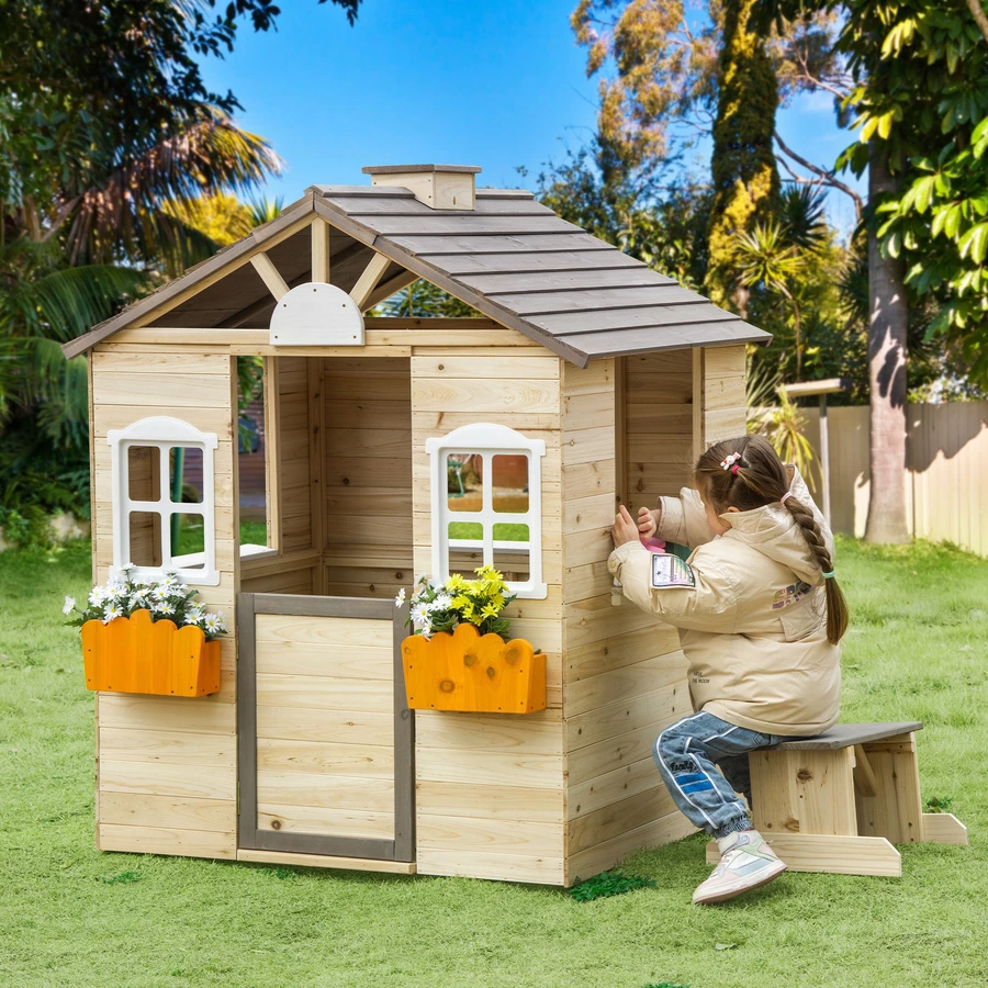 Outsunny Kinderspielhaus mit Blumentopfhalter bunt