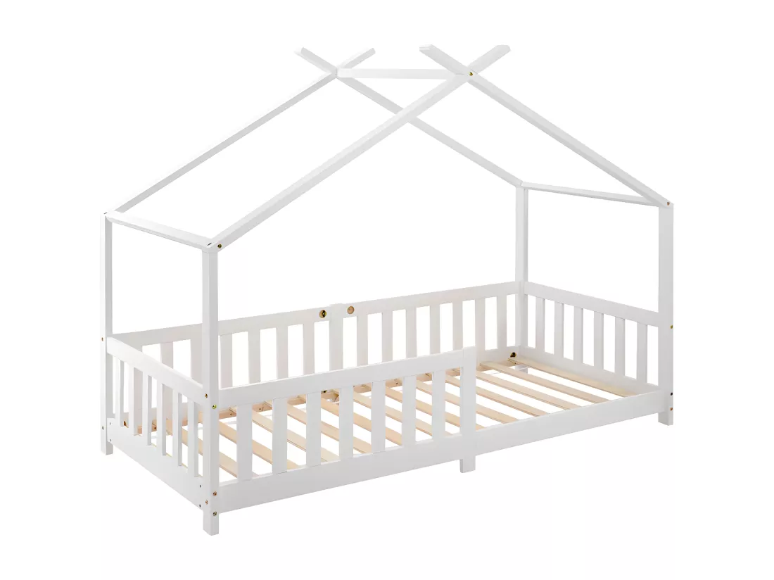 Lit cabane lit enfant 90x200cm en bois massif avec protection antichute et sommier à lattes - Blanc