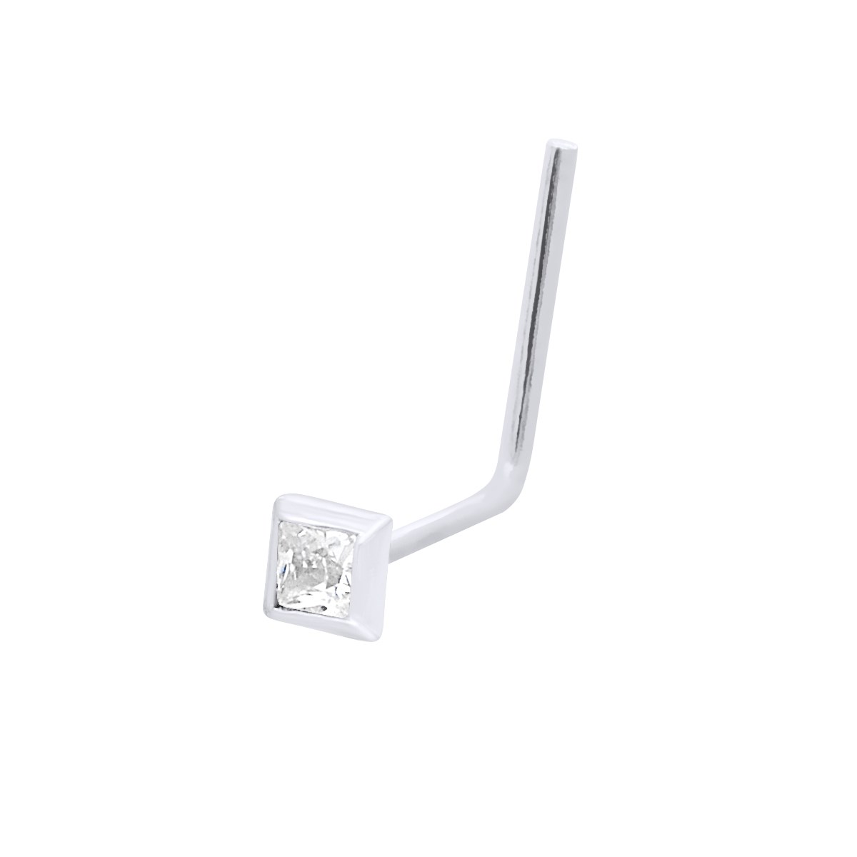 Piercing de nez en Or Blanc serti D' un oxyde de Zironium Blanc carré - Sertis Clos - Anallergique
