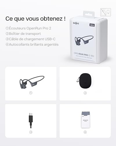 SHOKZ Casque à Conduction Osseuse OpenRun Pro 2 Mini, Écouteurs sans Fil Bluetooth 5.3, Microphones Réducteurs de Bruit, Étanchéité IP55, 12h d’Autonomie, Charge Rapide USB-C, Noir