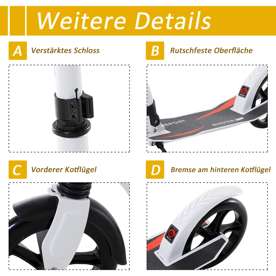 HOMCOM Tretroller mit Stoßdämpfung und höhenverstellbar weiß