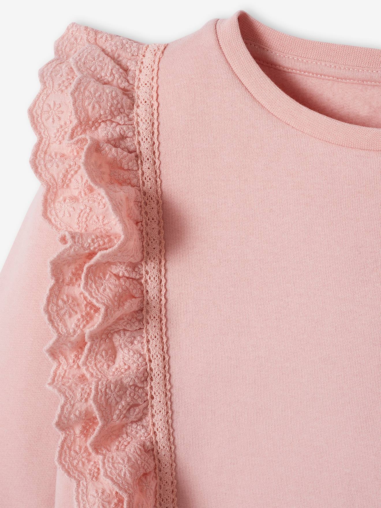 Blusa de moletom rosa claro com flores bordadas e babados para meninas.