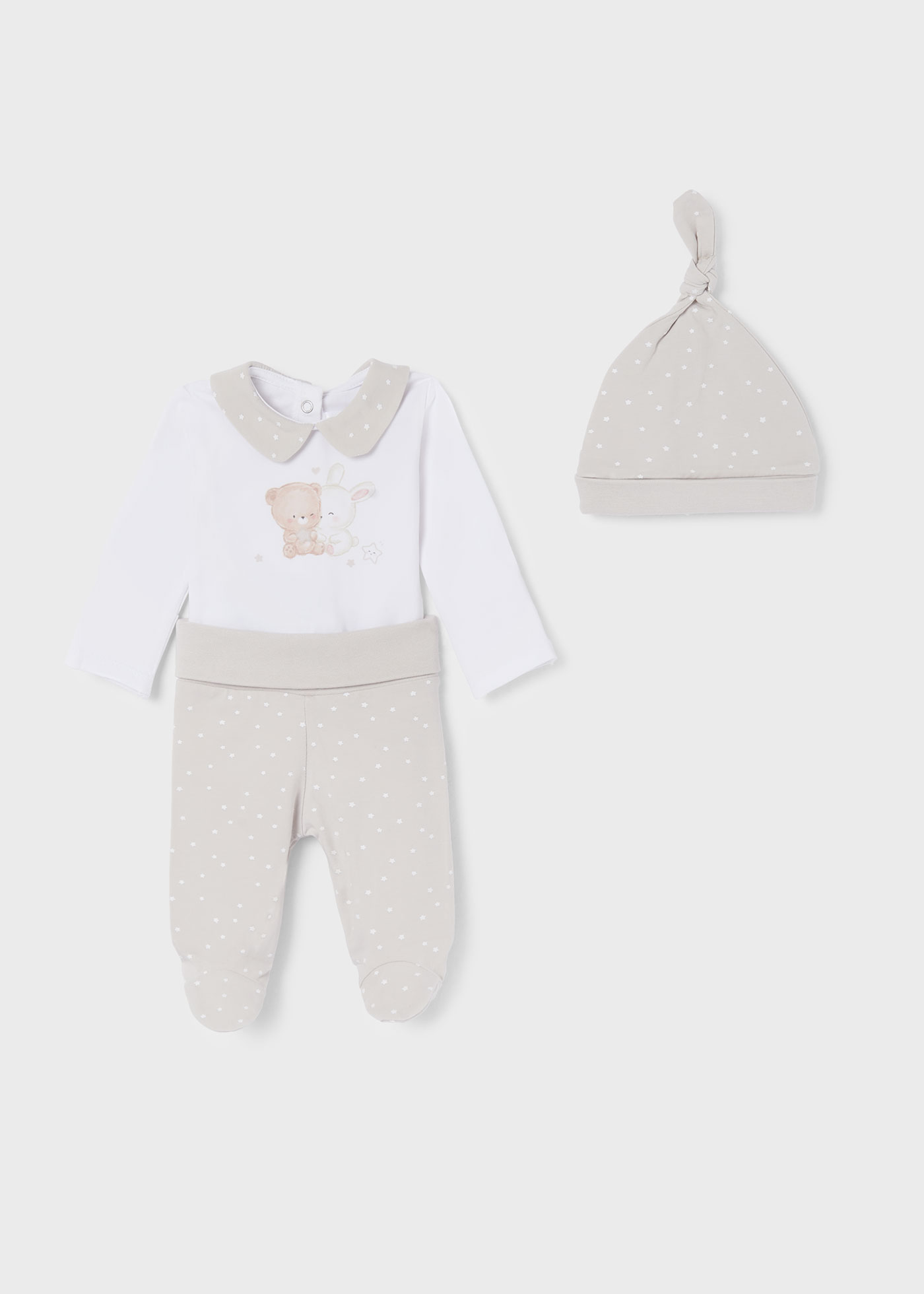 Conjunto de 3 peças em algodão sustentável para recém-nascidos.