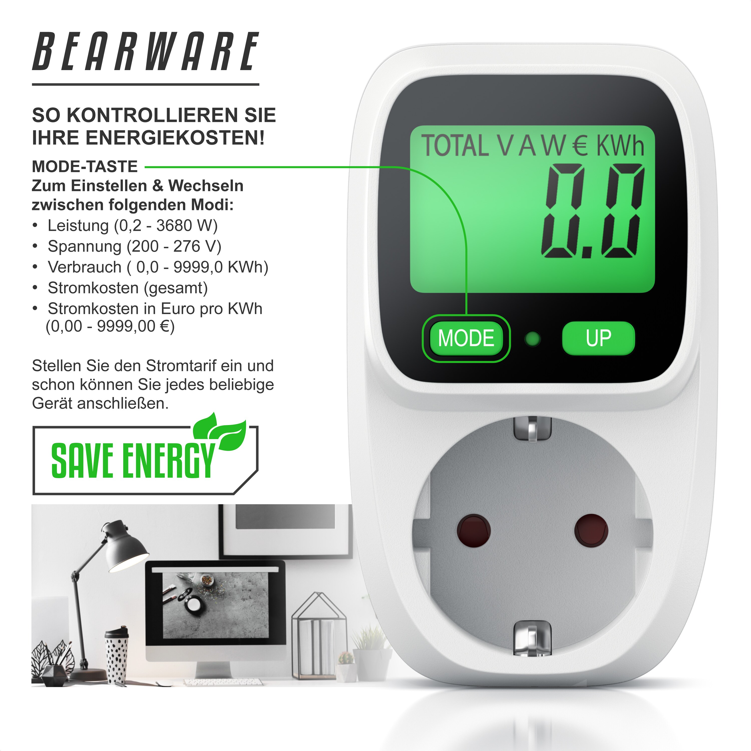 BEARWARE - Energiekostenmessgerät Stromkostenmessgerät Stromverbrauchszähler - Standby Verbrauchsmessung ab 0,2W - effektive Kostenüberwachung - 3680W