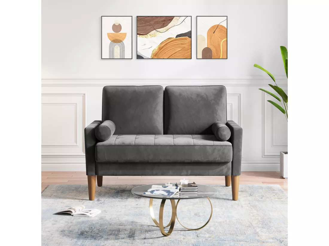 Canapé à 2 Places Scandinave,Mini Canapé à Bras Roulés en Velours Loveseat,Fauteuil Salon avec Accoudoirs,121x77x87cm - Gris