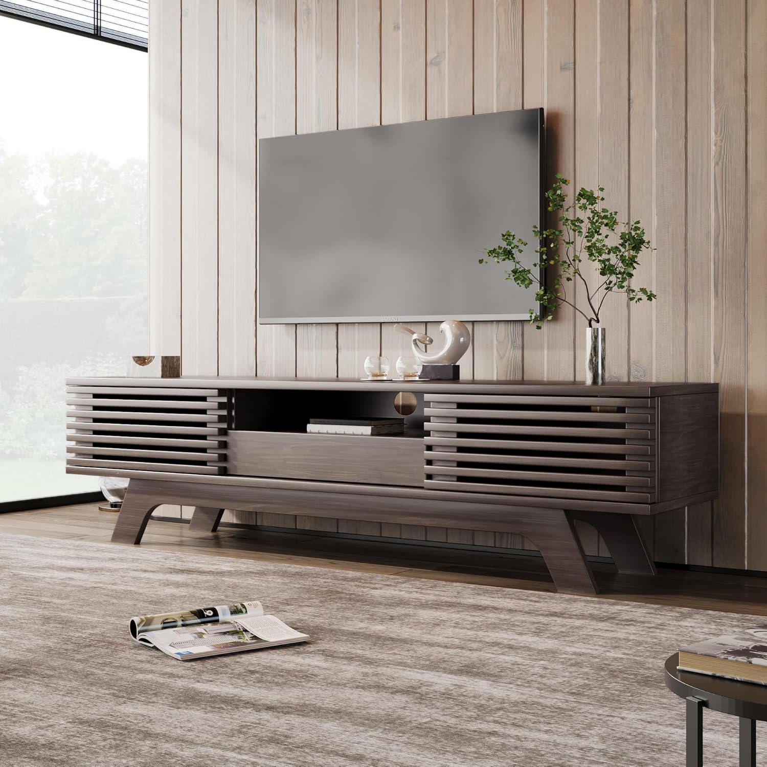 Merax TV Schrank, TV Lowboard mit 1 Schublade, 2 Türen, offenen Fächern und Kabeldurchführung, für Fernseher und Multimedia-Geräte, Holzfarbe, 150x35x44 cm