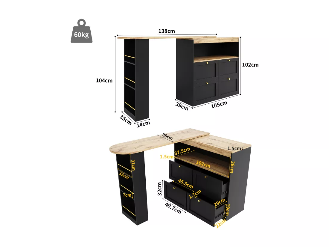 Buffet、Meuble de bar pivotant et escamotable - 4 tiroirs et 4 compartiments - Noir