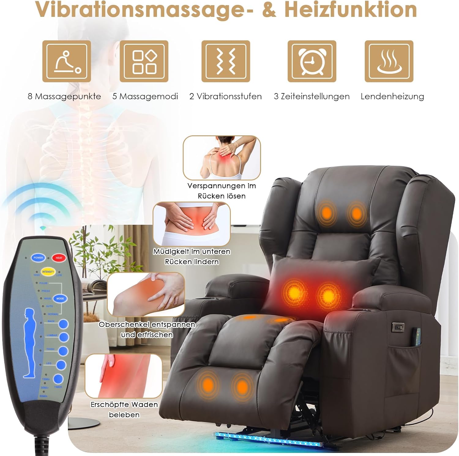 SAMERY Fernsehsessel Elektrisch Verstellbar Relaxsessel mit Liegefunktion Massage Heizung, Kunstleder TV Sessel Wohnzimmer Kinosessel Liegesessel Massagesessel mit Fußteil, USB, LED (Braun*1)