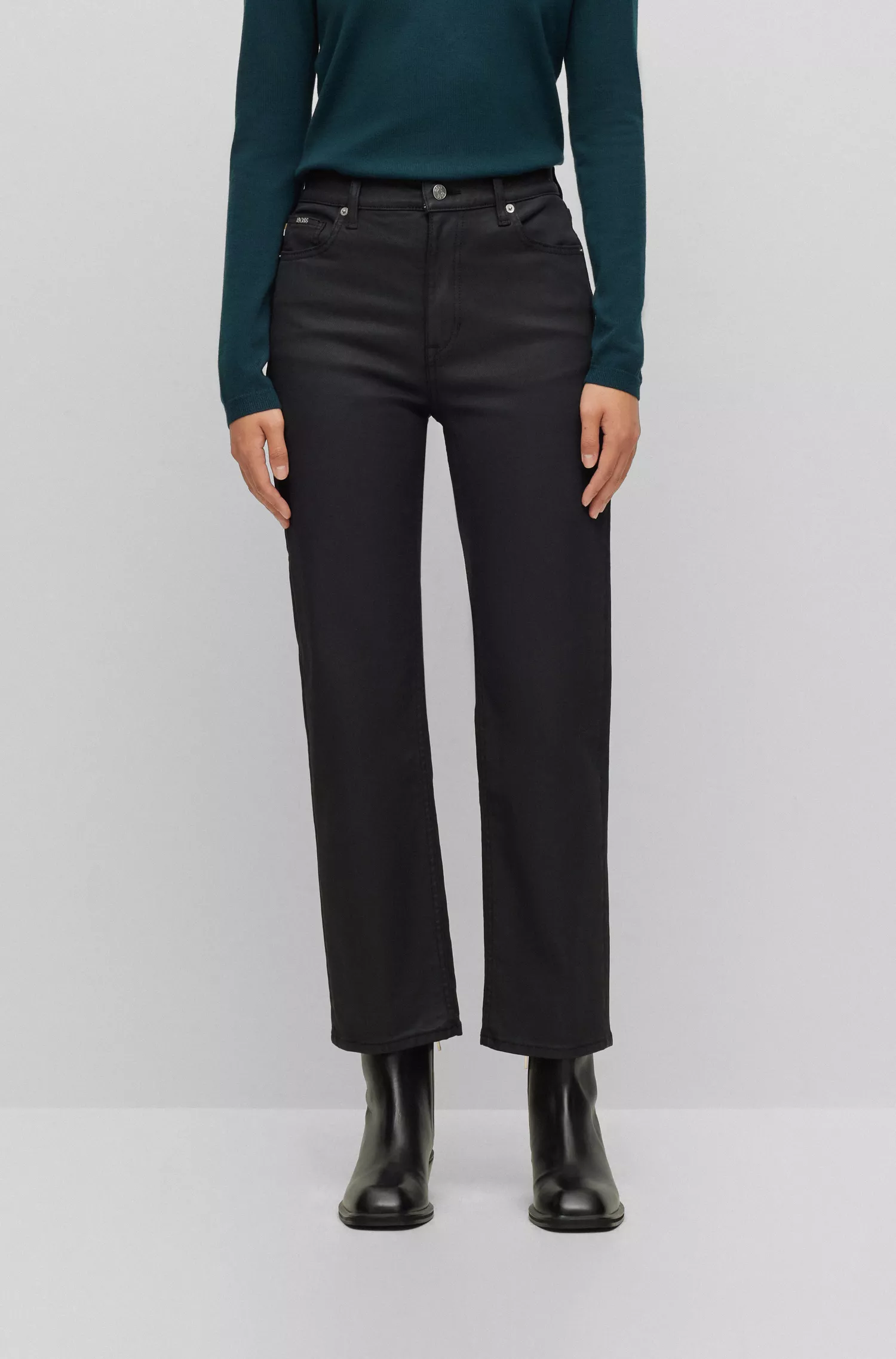Calça jeans BOSS preta de cintura alta em denim revestido preto