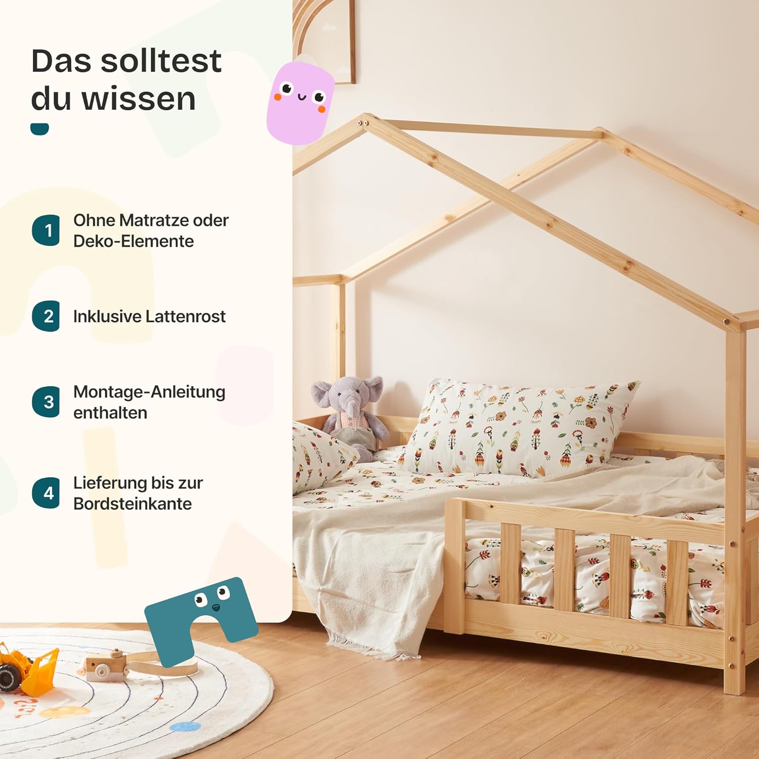 [en.casa] Kinderbett Treviolo Hausbett 140 x 200 cm Holzbett für Kinder mit Rausfallschutz Montessori Bettgestell mit Lattenrost Kiefernholz Holzfarben