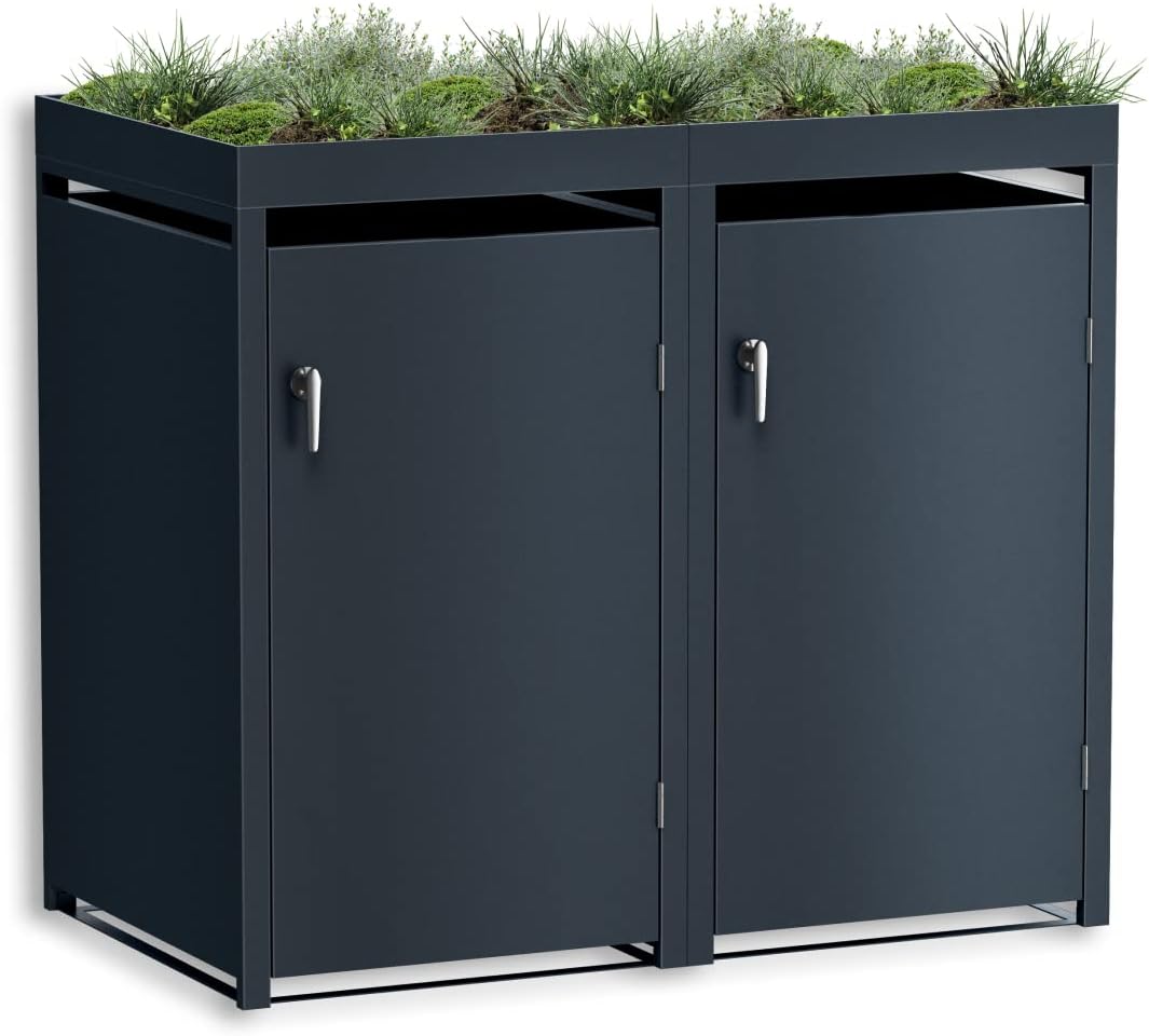 Metzler Mülltonnenbox in Anthrazit mit Pflanzdach 2er 240L, Mülltonnenverkleidung 2 Tonnen, witterungsbeständiger und pulverbeschichteter Stahl mit Automatikdeckel, abschließbar, Garten- und Müllbox