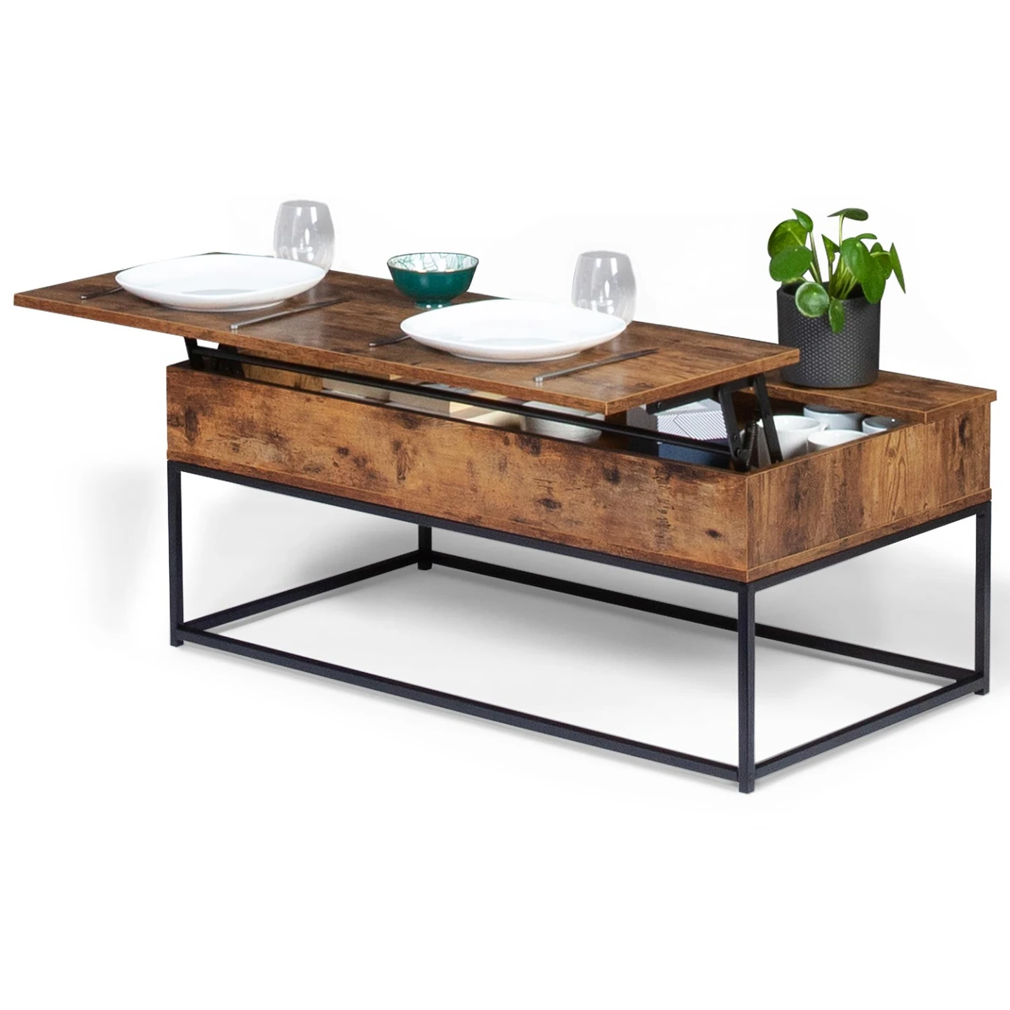 Table basse plateau relevable rectangulaire DAYTON effet vieilli design industriel