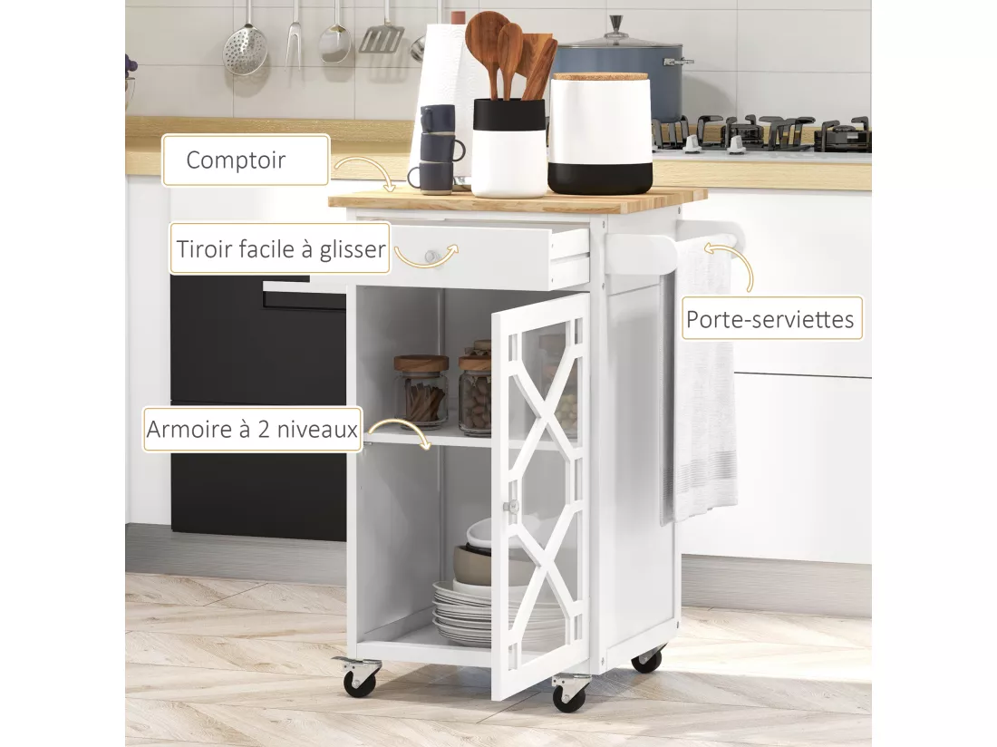 Desserte de cuisine à roulettes - tiroir, placard, porte-serviette - MDF blanc plateau bois hévéa