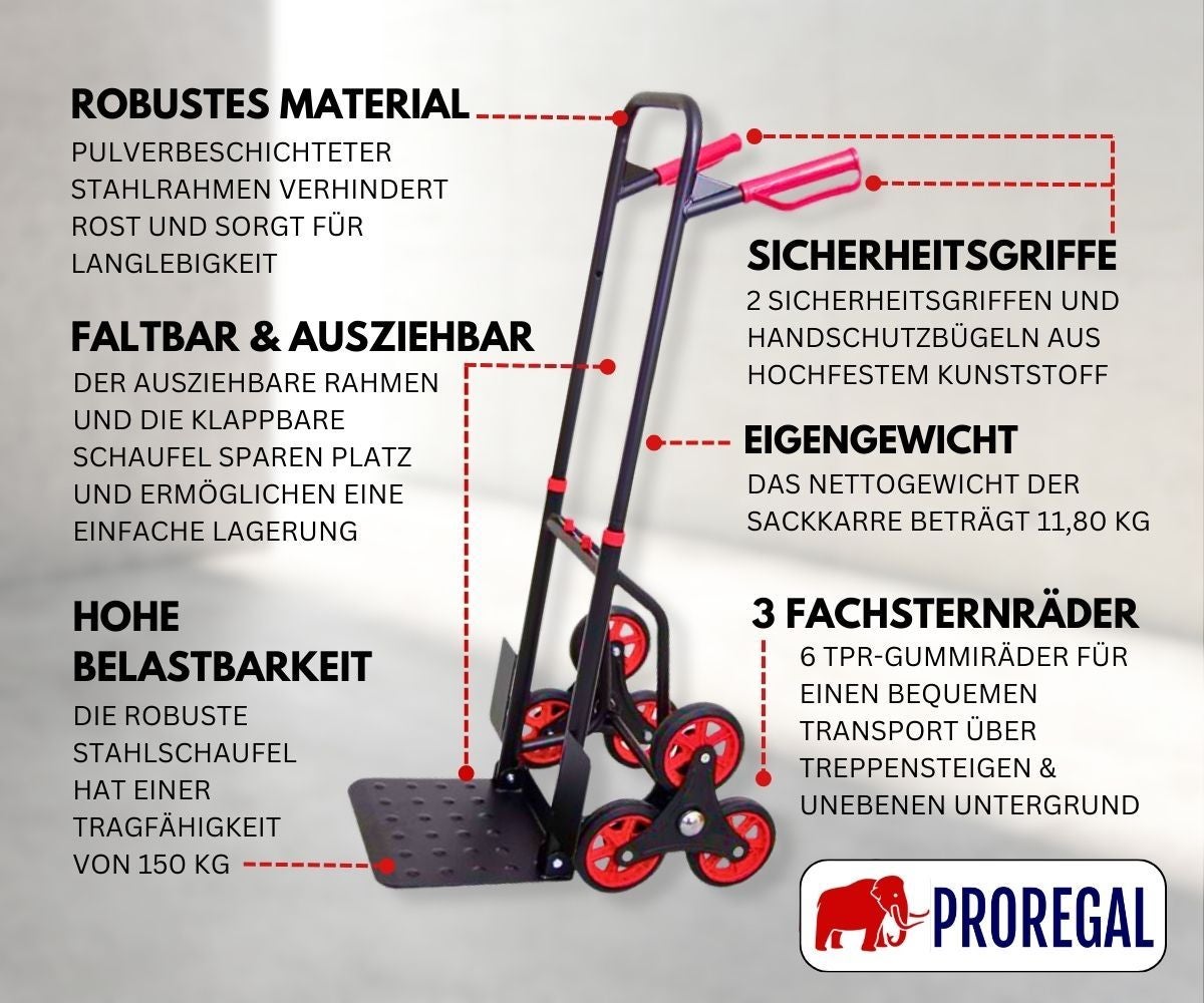 PROREGAL Opvouwbare Professionele Trapklimmer TAURUS 150 HxBxD 110 x 45 x 61 cm Draagvermogen 150 kg Stalen frame Ergonomische handgrepen TPR rubberen wielen Rood-Zwart