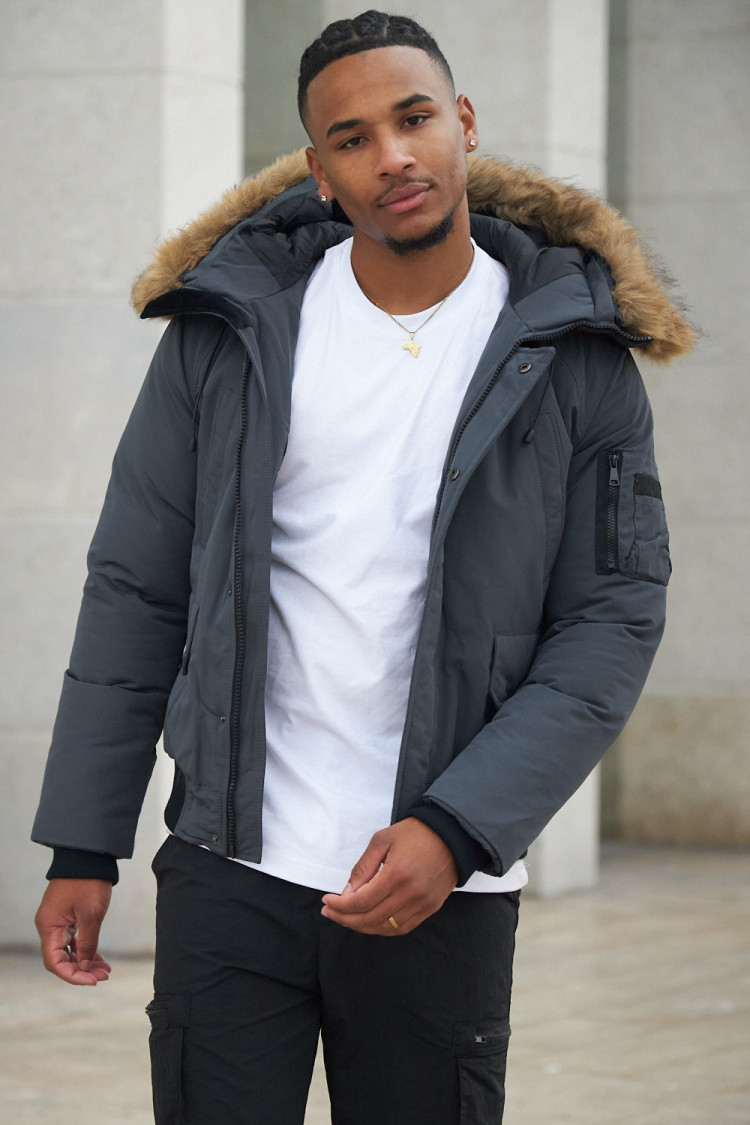 Parka bi-matière grise à capuche en fourrure