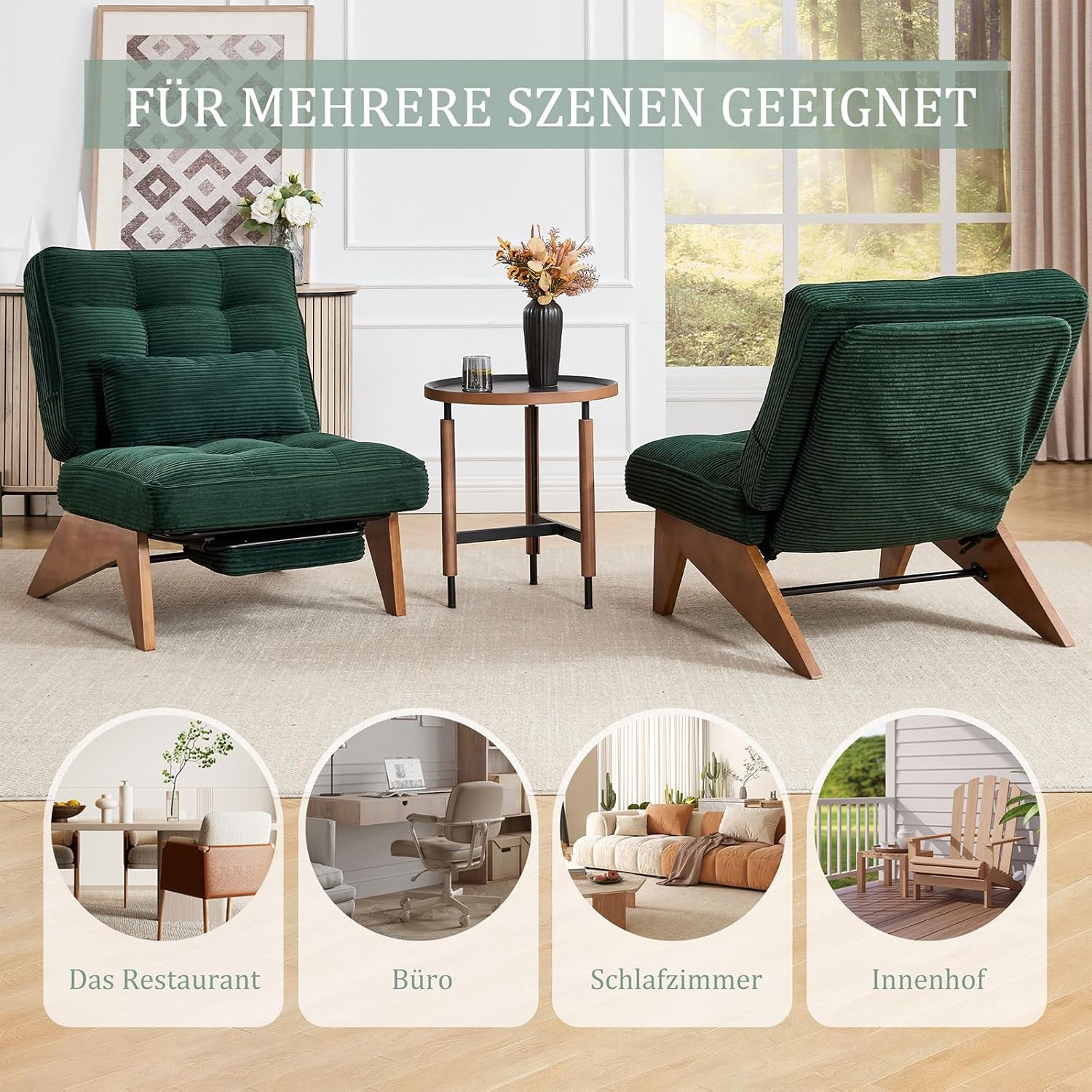 Loungesessel Verstellbar mit Fußstütze & Lendenkissen | Moderner Relaxsessel für Wohnzimmer | Rückenfreier Liegesessel aus Kordstoff | Massivholzbeine | Max. 220KG, (Smaragdgrün)