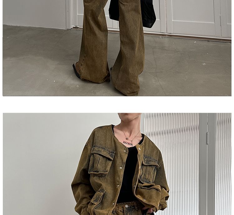 Nahagin - Gewassen denim jasje met knopen / Low Rise Flared jeans