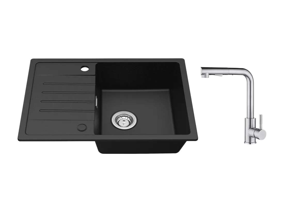 Cecipa max Evier 1 Bac avec Egouttoir Evier à encastrer Quartz et résine Noir 65x45cm + Mitigeur avec Douchette Extractible - 2 Jets aux Choix Brossé
