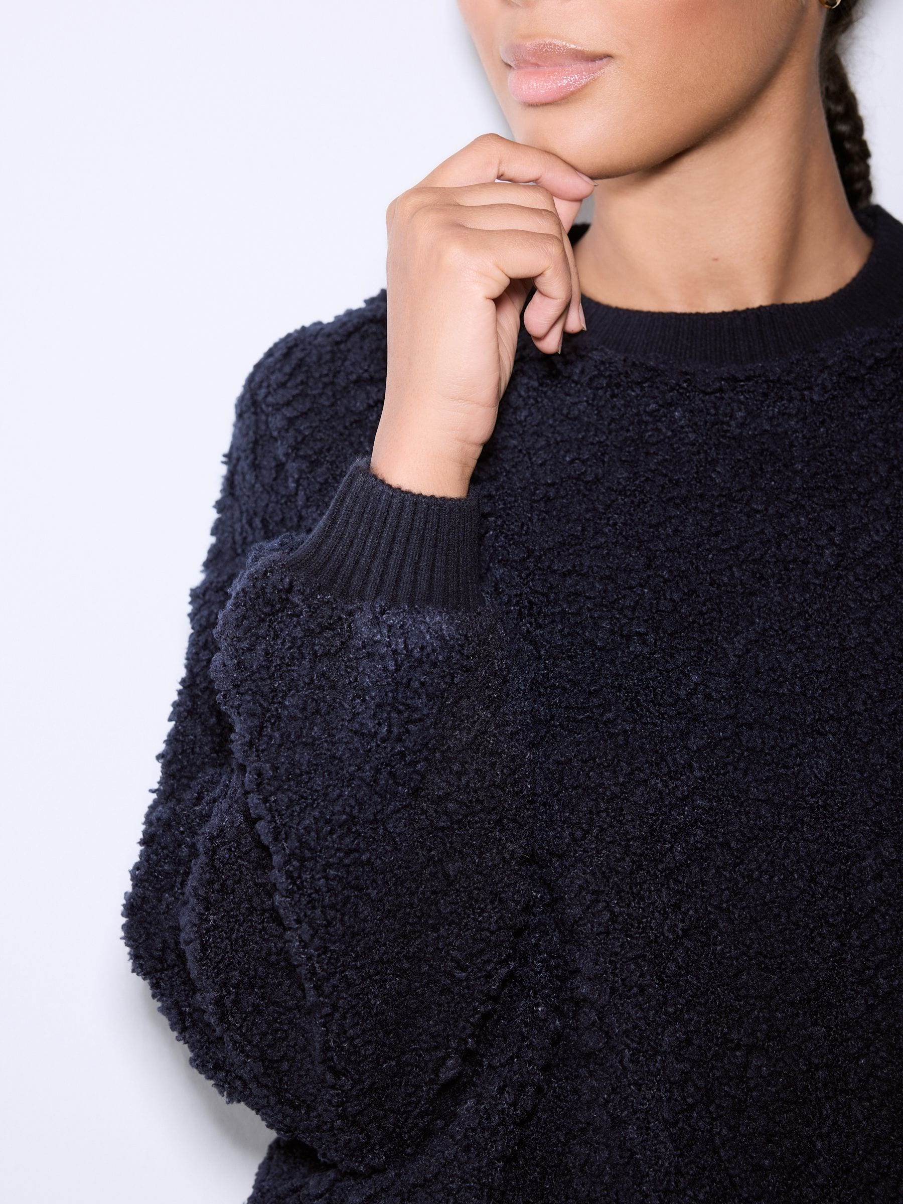 Donkerblauw - Fluffy Soft Borg Cable Long Sleeve Crew Neck Sweatshirt