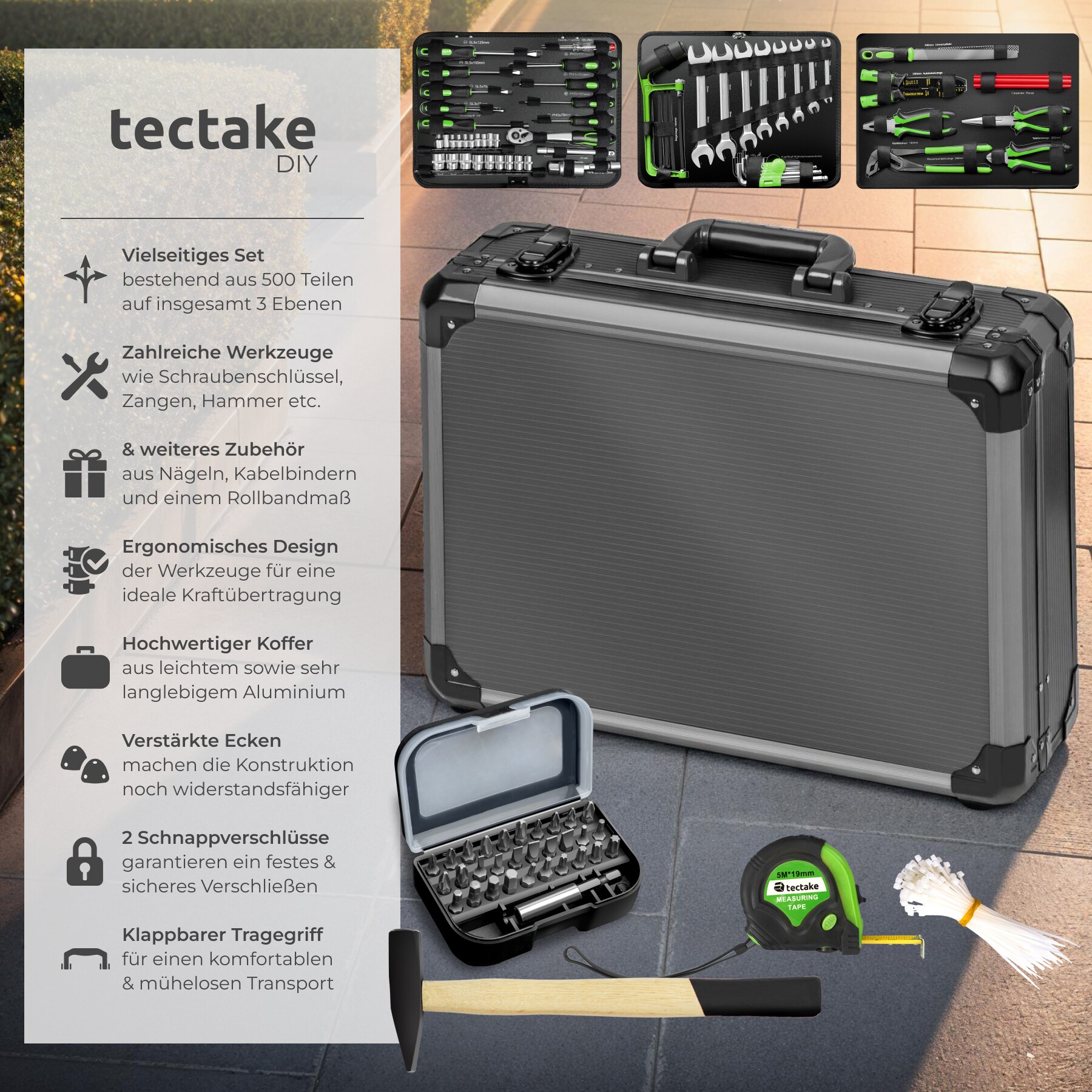 tectake® Werkzeugkoffer, 500-teilig, übersichtliche Anordnung auf 3 Ebenen, mit Klappgriff