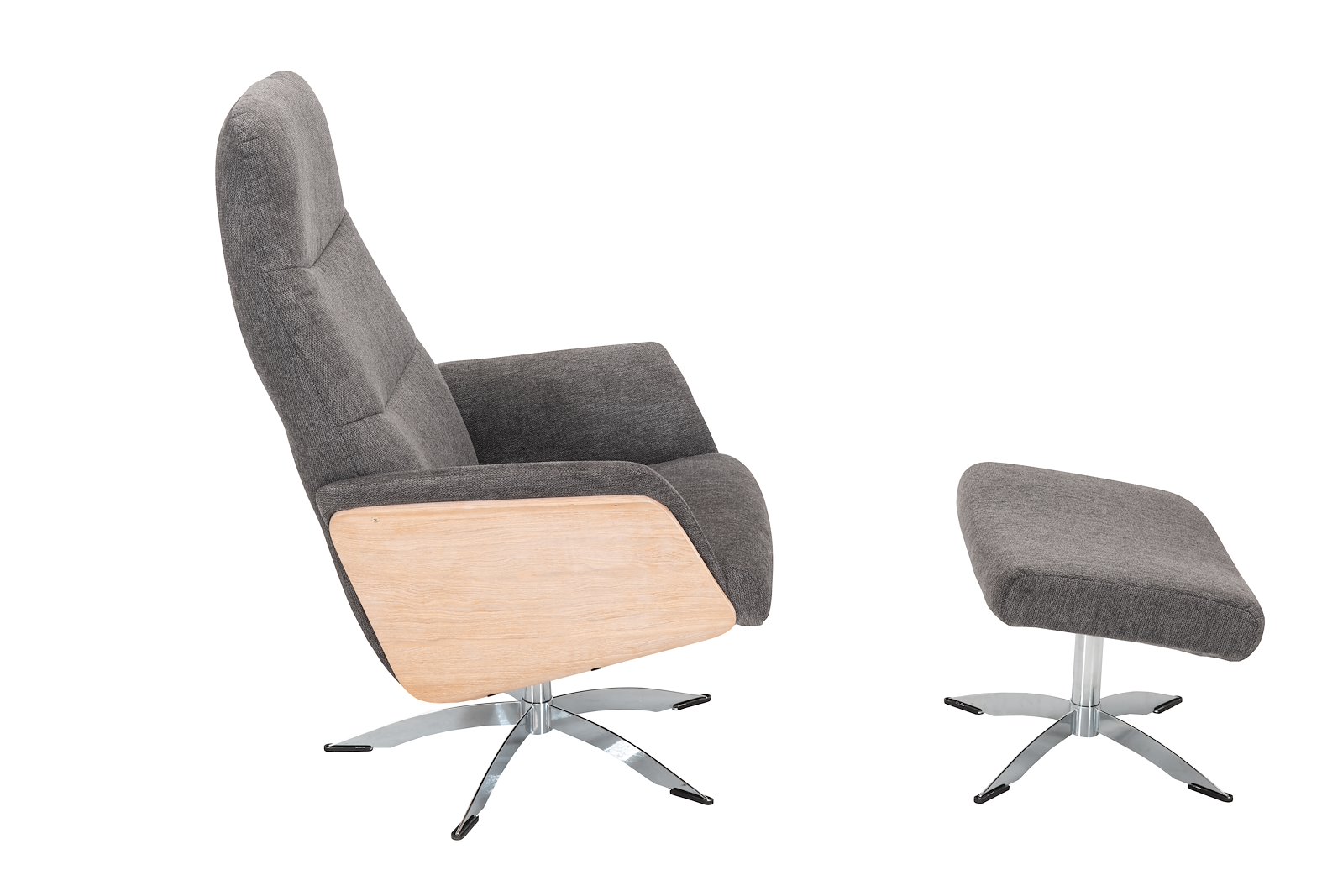 Lioni krakk Tekstil Brego 3596 antracite, med hvitoljet trevanger. Kromfarget space sokkel.