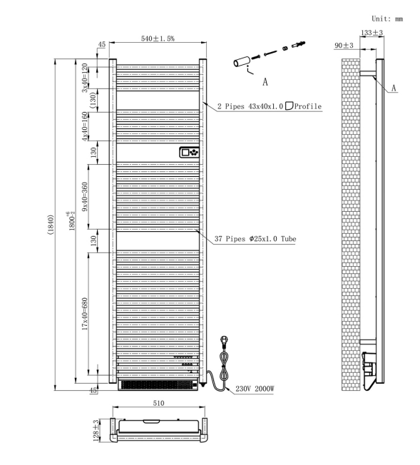 Sanigoods Ohio elektrische handdoekradiator met blower 55x185cm 2000W wit glans