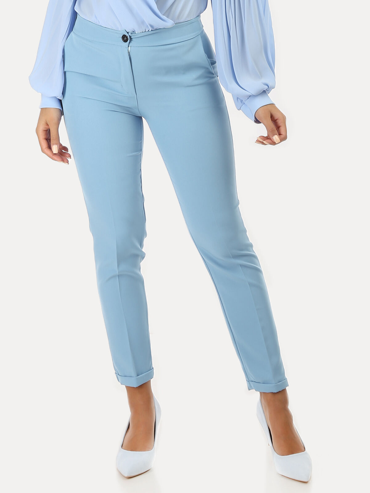 Pantalon à pinces avec ourlet- Bleu clair