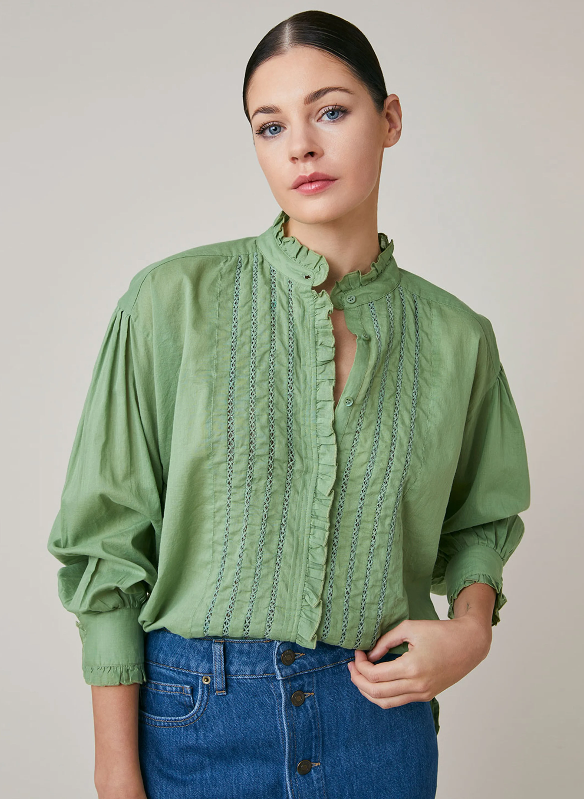 FAY - Chemise oversize col victorien en coton | Vert