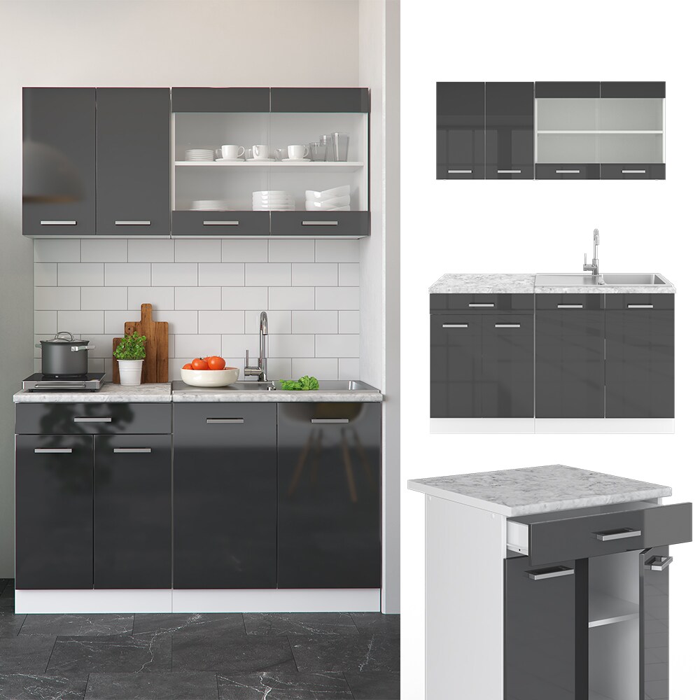 VICCO Küchenzeile SINGLE Einbauküche 140 cm Küche Anthrazit Hochglanz R-LINE