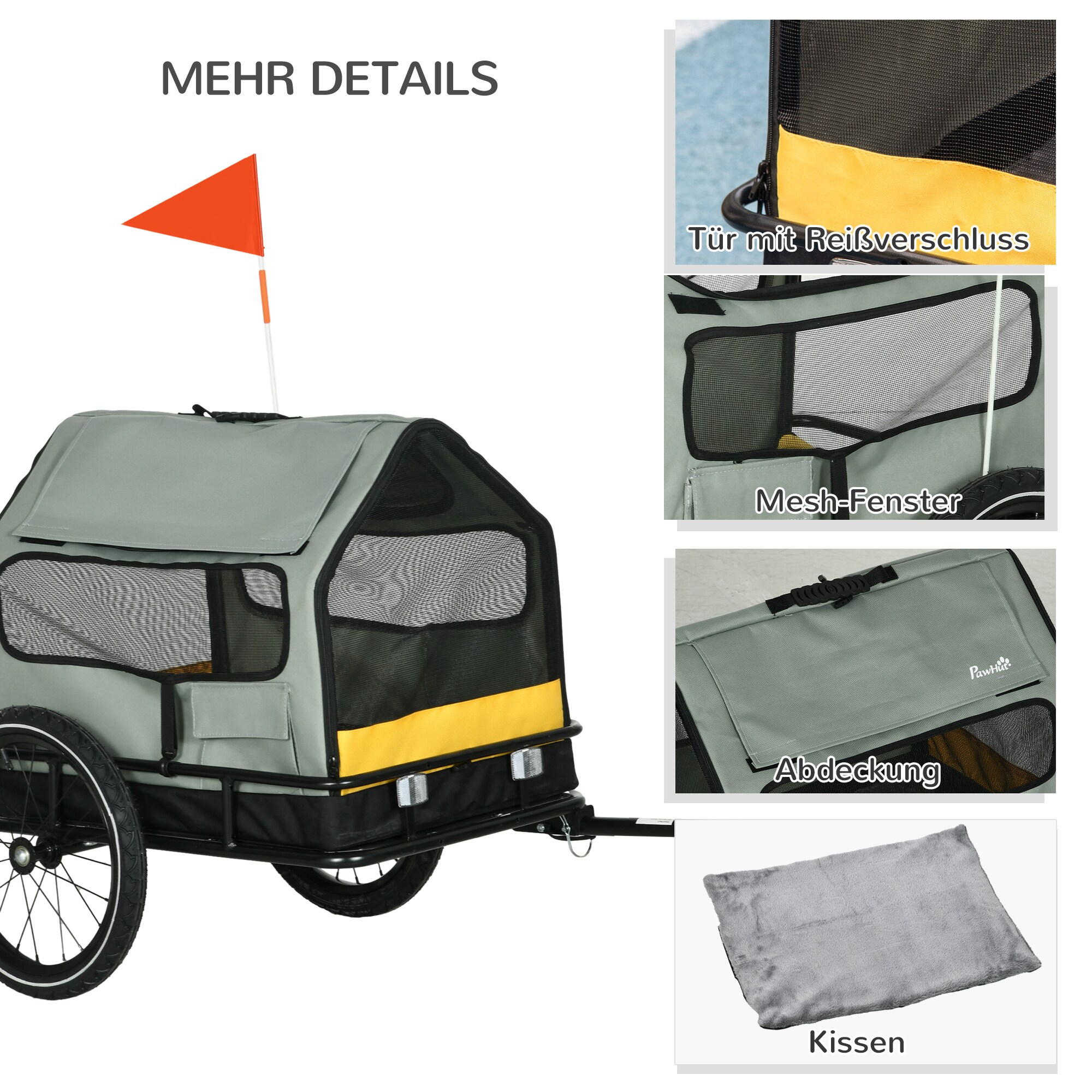 PawHut Hundeanhänger mit Sicherheitsleinen grau 132L x 65B x 74H cm