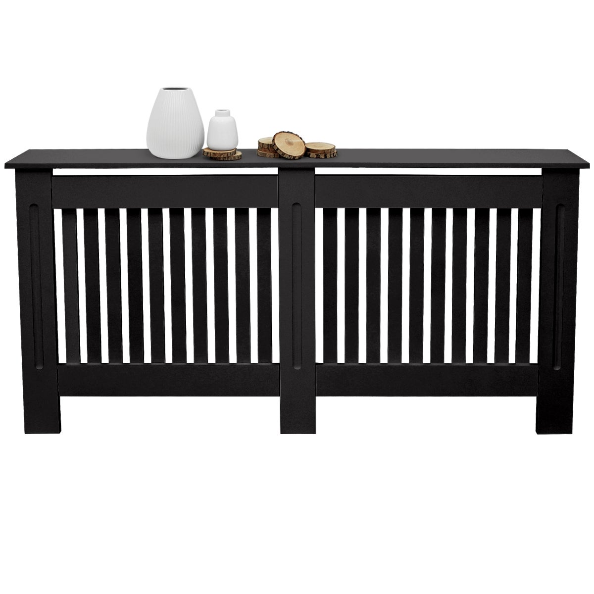 ECD Germany radiatorbekleding, landelijke stijl, 152x19x82 cm, zwart gelakt MDF, voor slaapkamer, woonkamer, radiatorbekleding, verwarmingsbekleding, radiatorbekleding