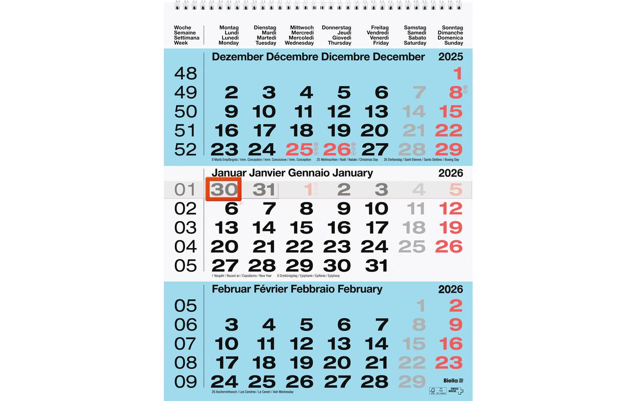 3-Monatskalender 2026 31 x 40 cm, BlauKalender mit Spiralbindung zum Aufhängen