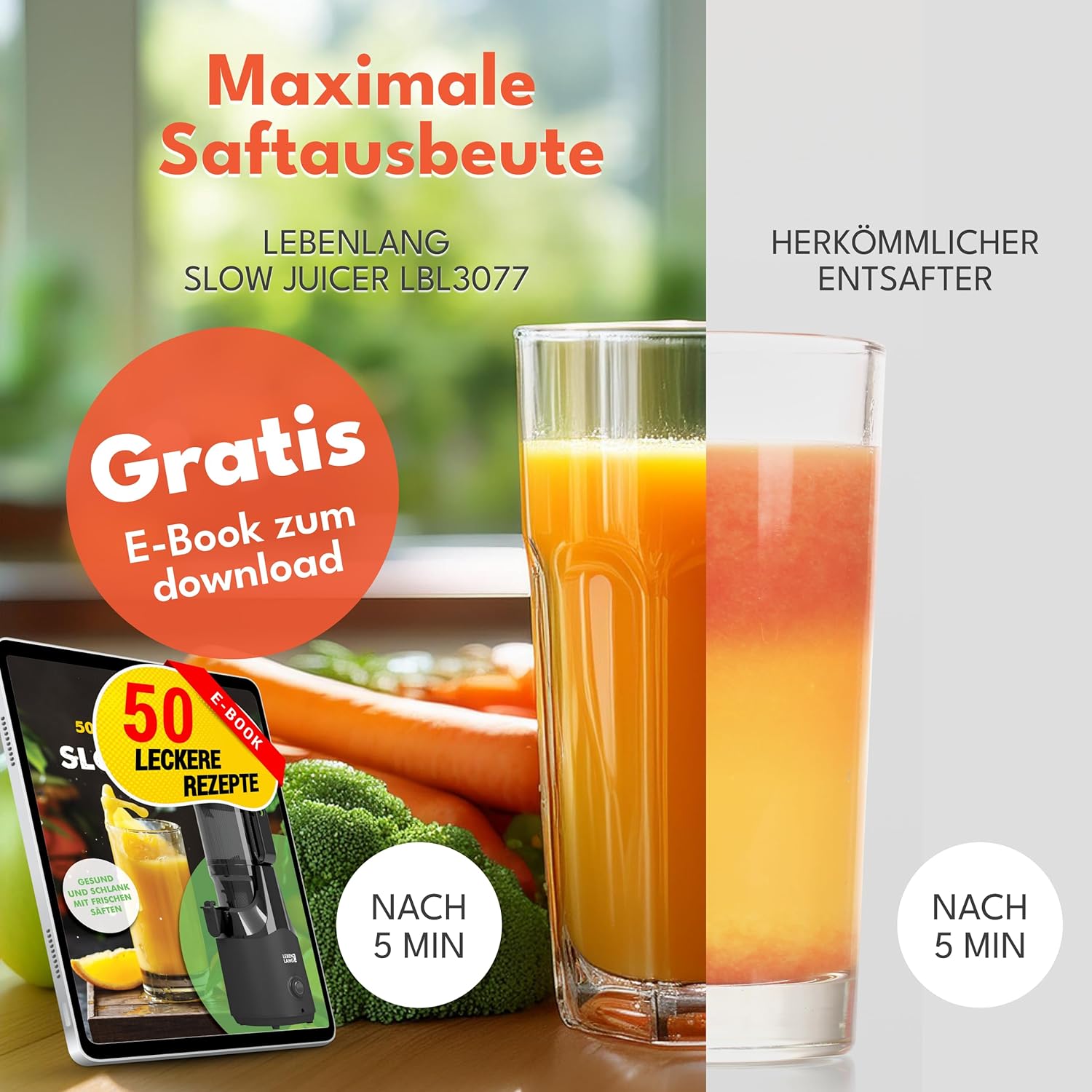 LEBENLANG Entsafter Slow Juicer - Inkl. Rezeptbuch & Große 135mm Öffnung I Perfekt für Obst ganze Früchte und Gemüse 100% BPA-Frei I Best Juicer Machine Saftpresse elektrisch Masticating Green Press